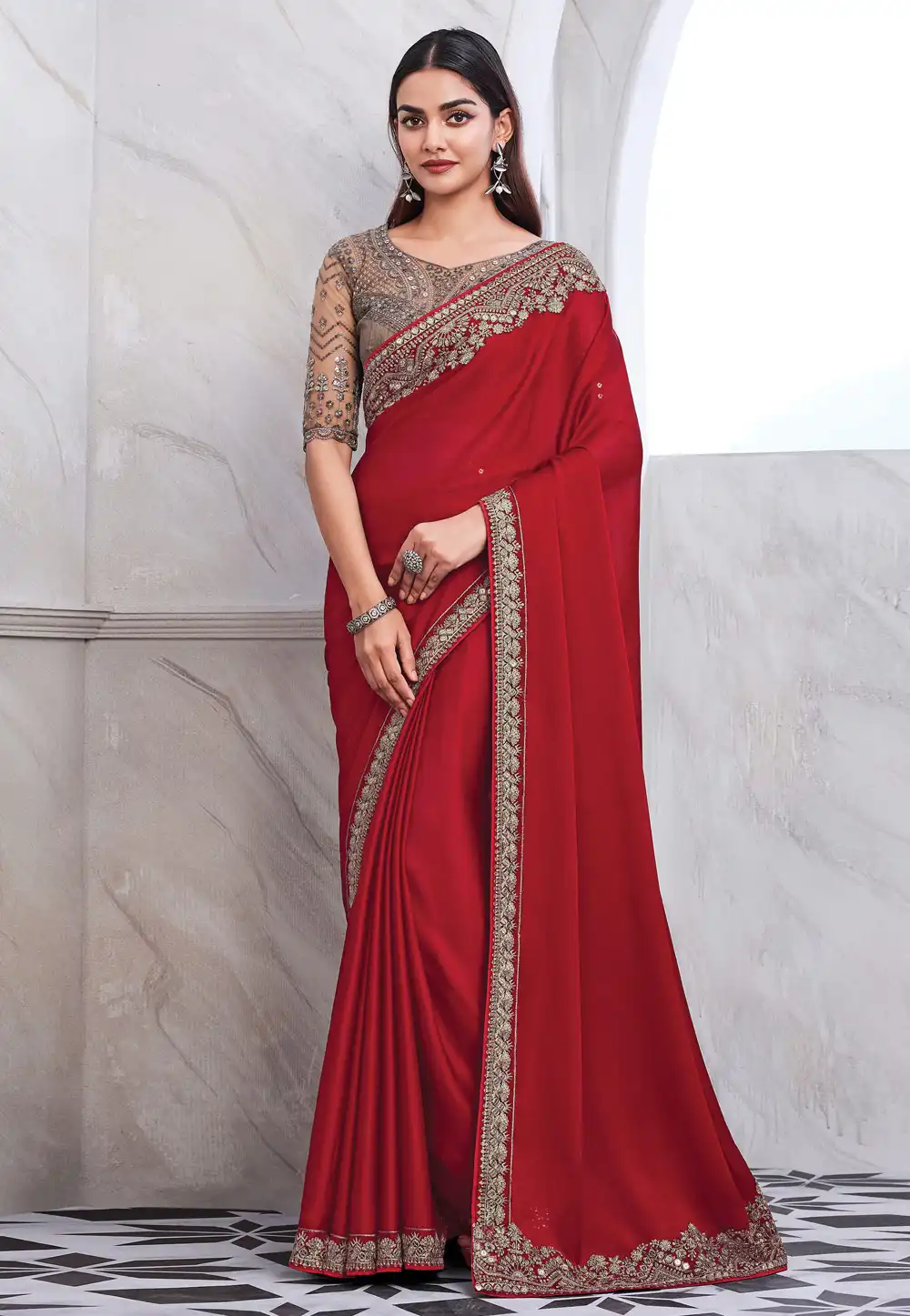 Red Chiffon Plain Saree With Designer Blouse 292726