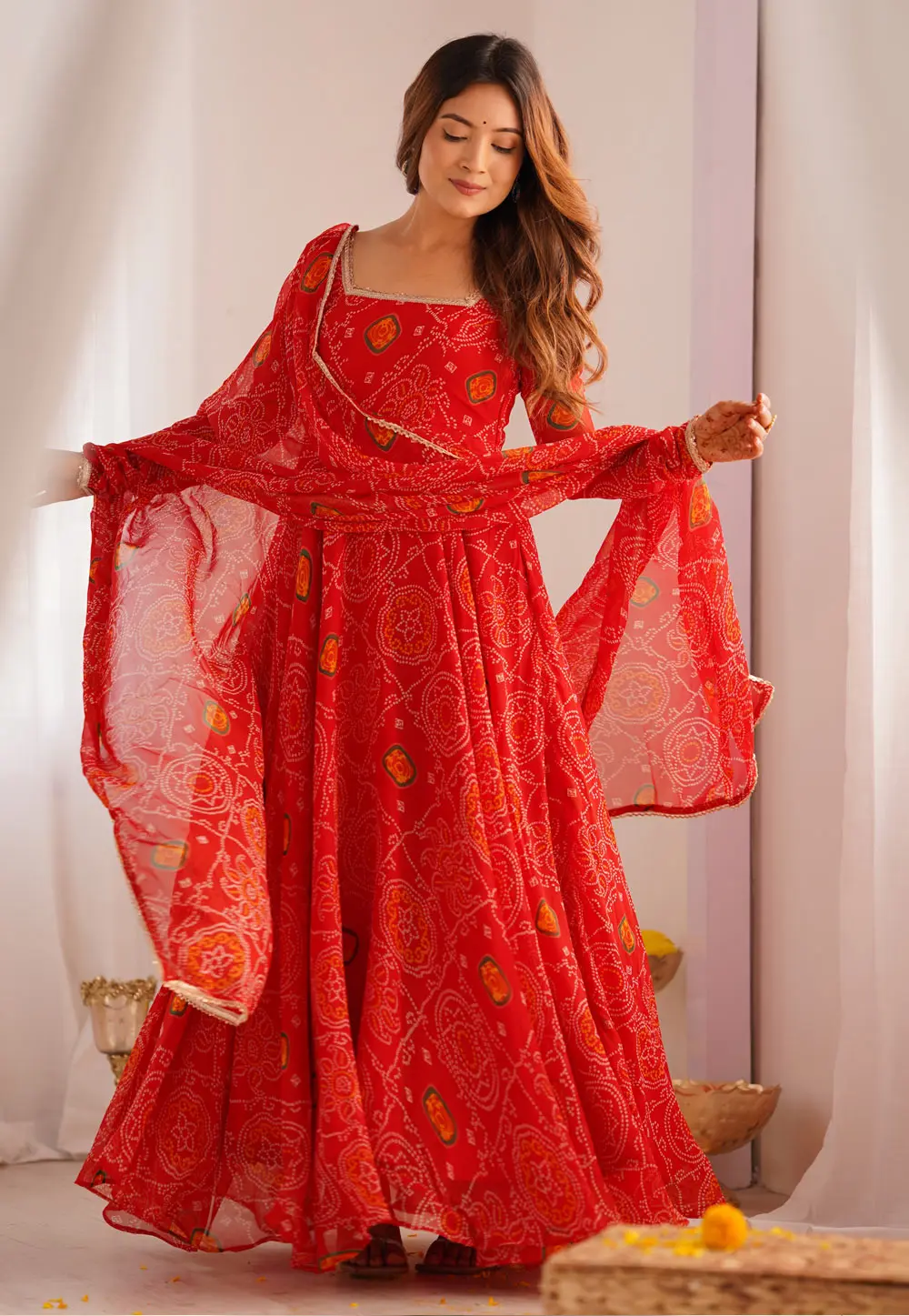 Red Chiffon Readymade Long Anarkali Suit 304184