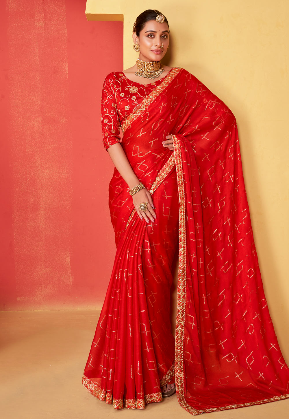 Red Chiffon Saree With Blouse 286102