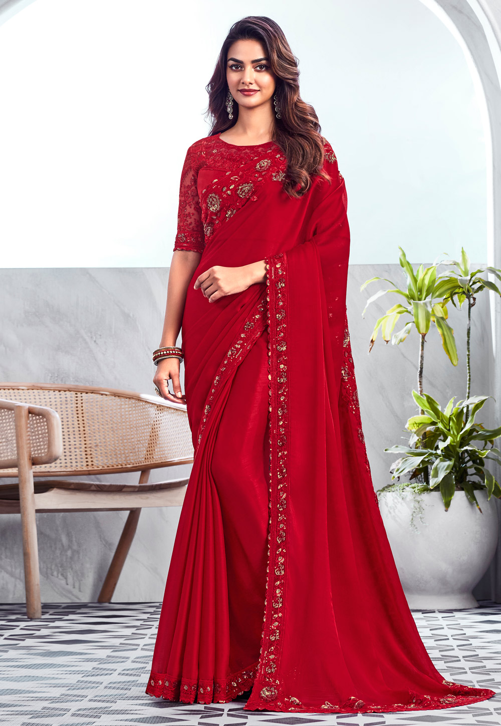 Red Chiffon Saree With Blouse 283829