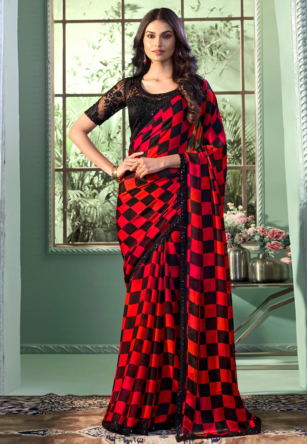 Red Chiffon Saree With Blouse 287251