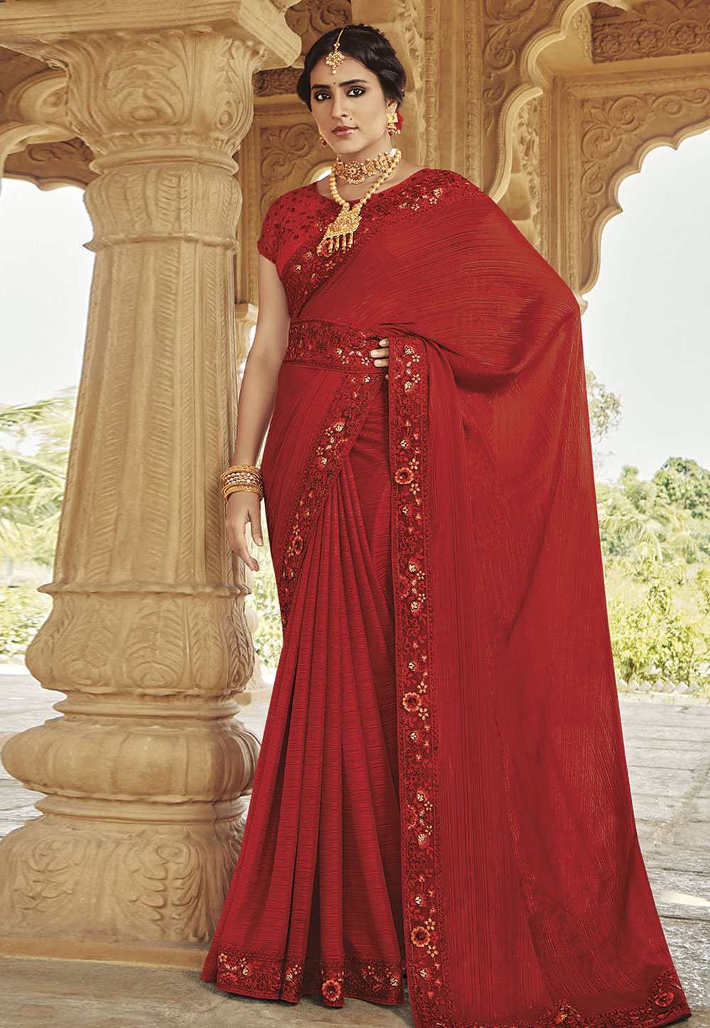 Red Chiffon Saree With Blouse 279851