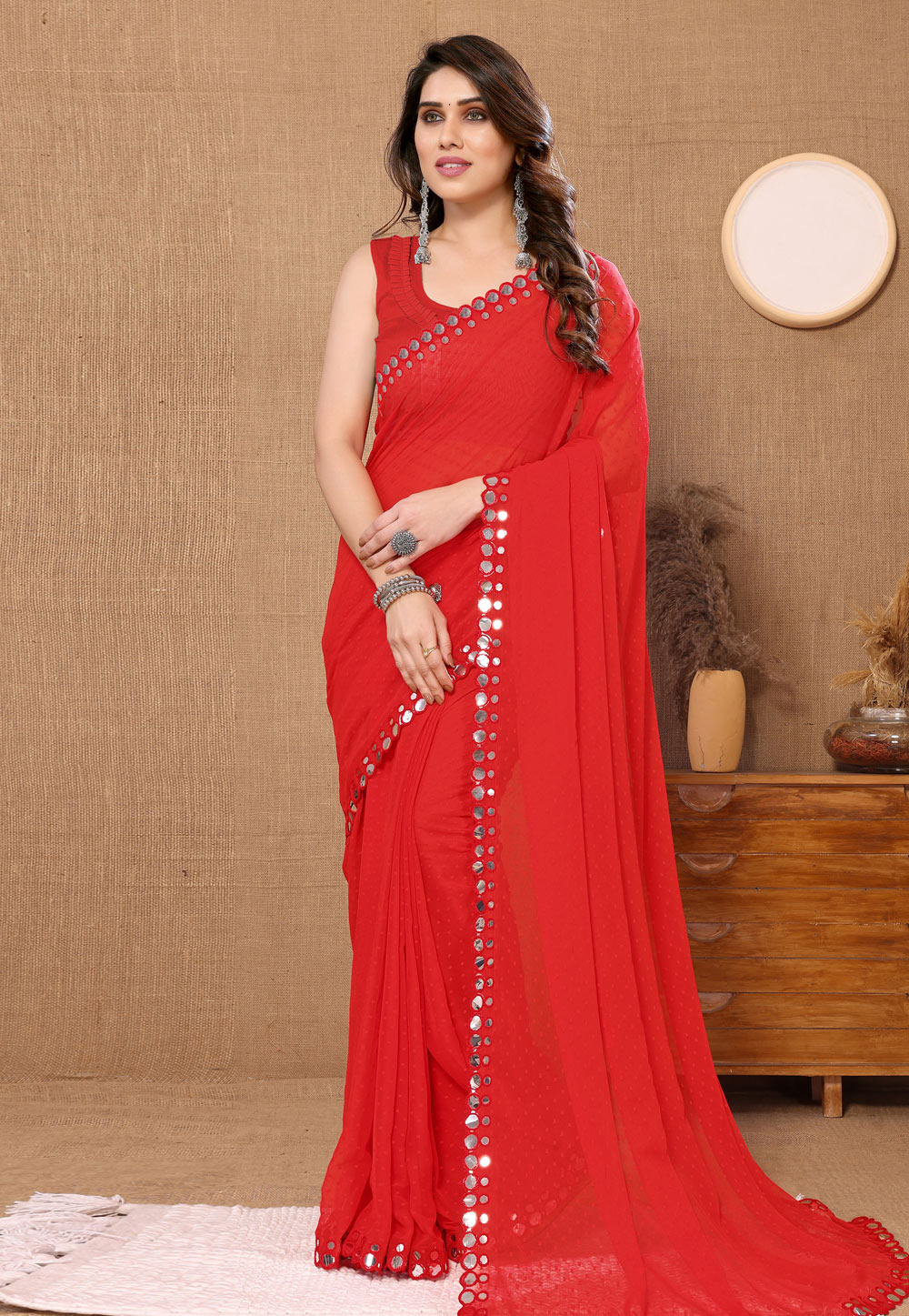 Red Chiffon Saree With Blouse 282285