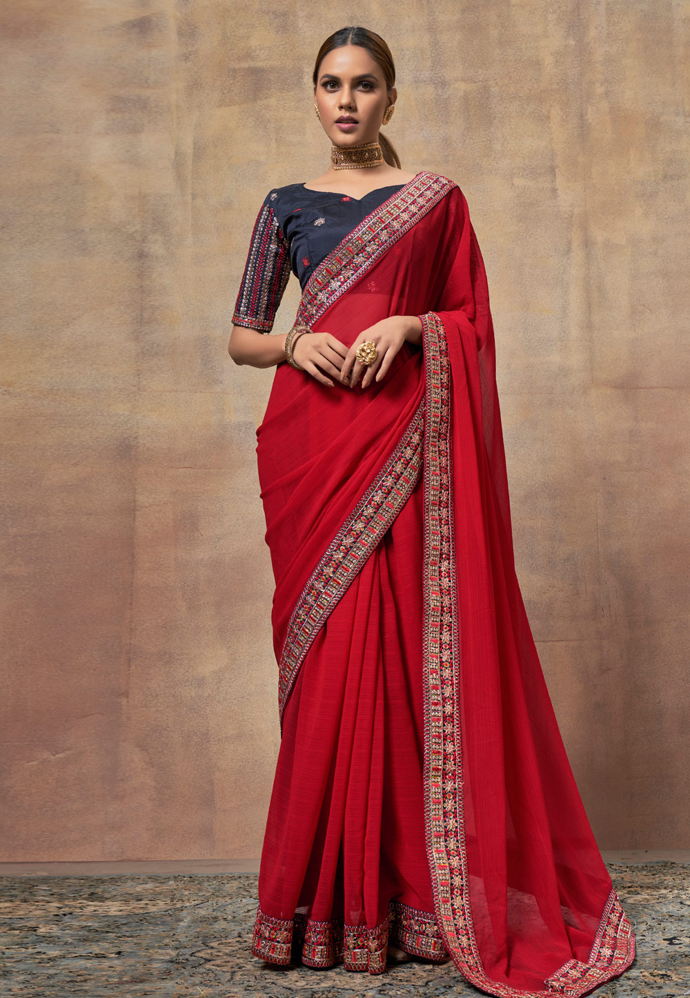Red Chiffon Saree With Blouse 284960