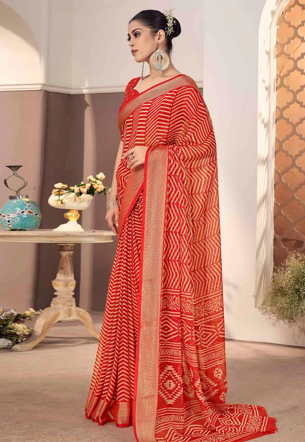 Red Chiffon Saree With Blouse 296083