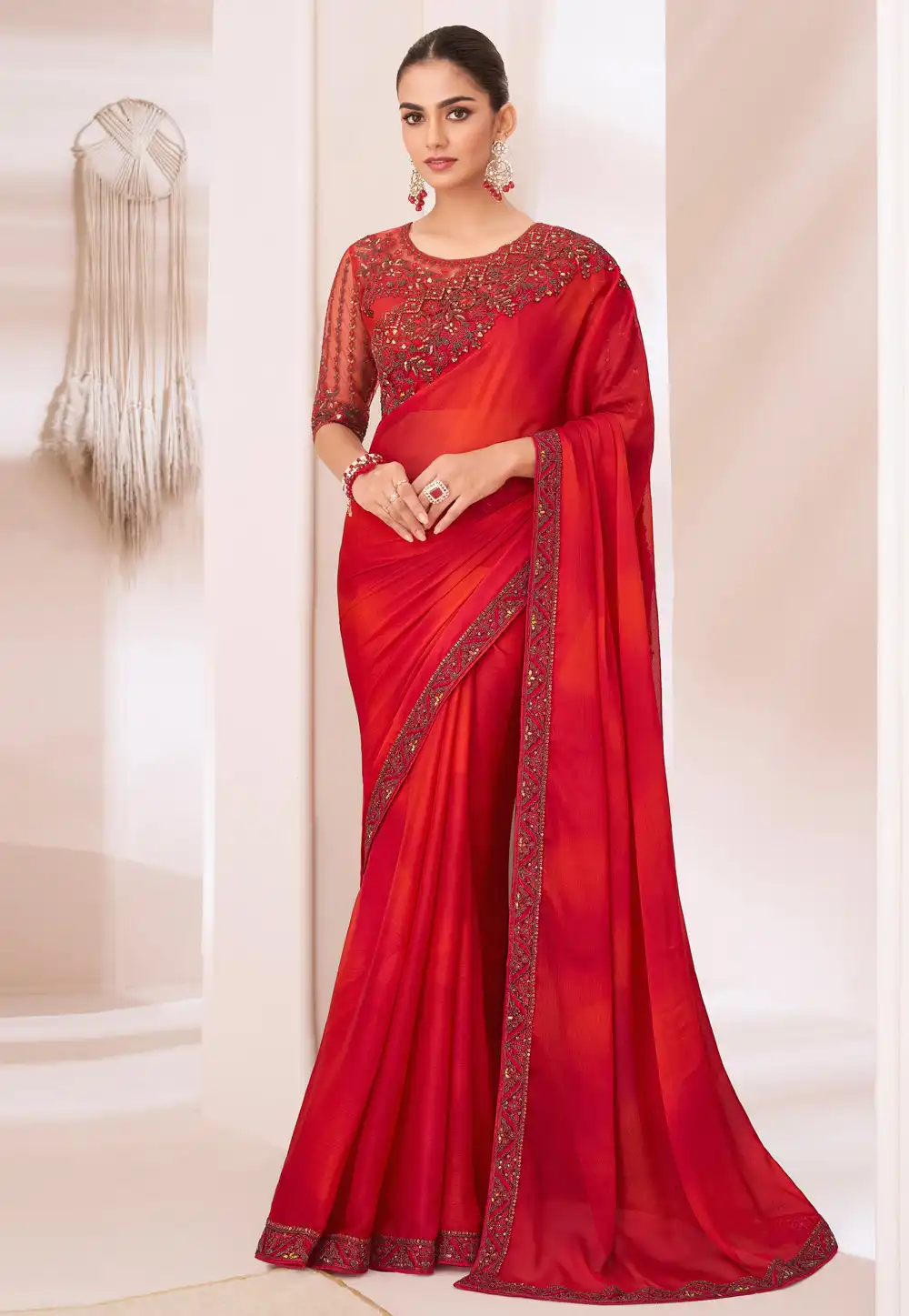 Red Chiffon Saree With Blouse 292295