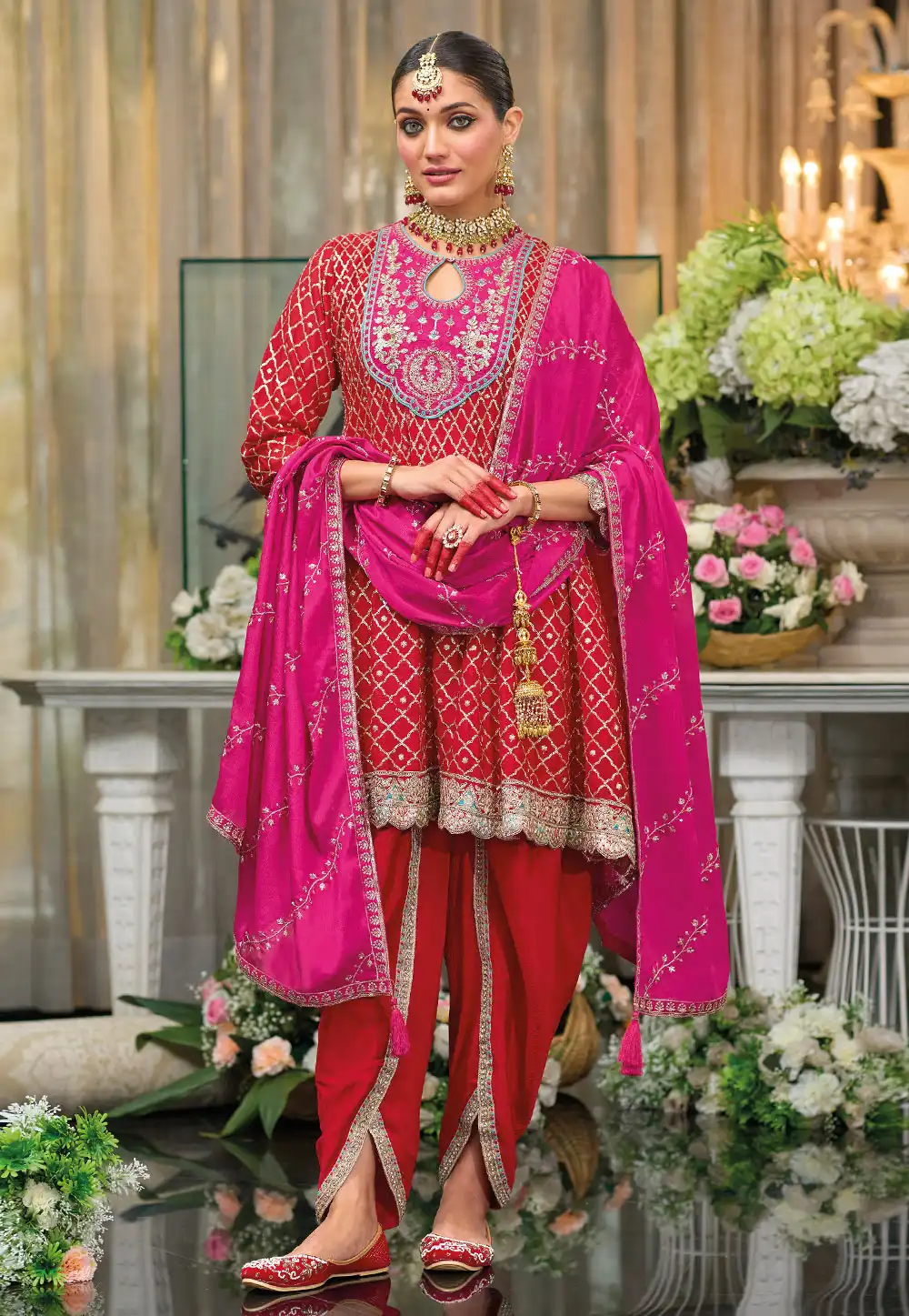 Red Chinon Dhoti Salwar Suit 294840