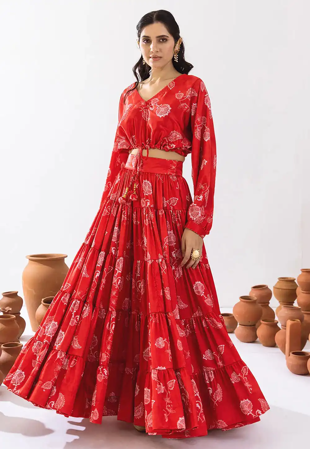 Red Chinon Floral Crop Top Lehenga 294717