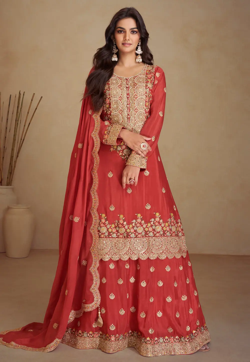 Red Chinon Indo Western Lehenga Choli 303203