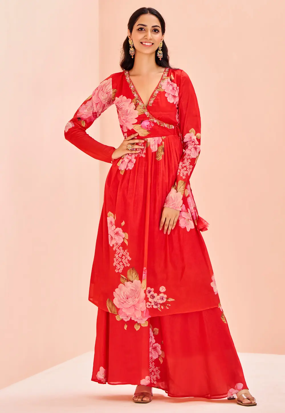 Red Chinon Kurta Set With Palazzo 298461