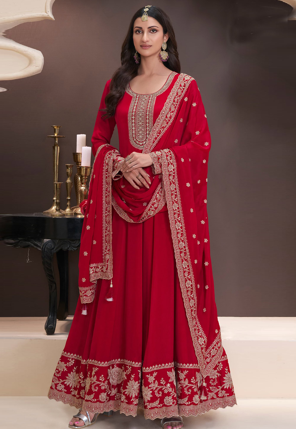 Red Chinon Long Anarkali Suit 309725
