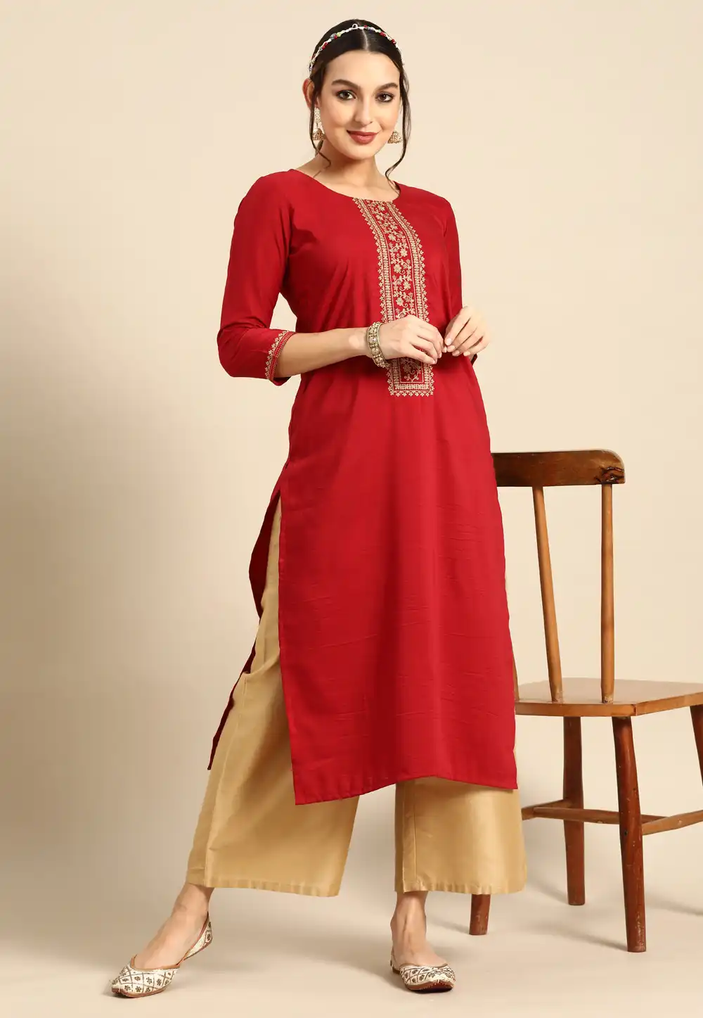 Red Chinon Long Kurti 289197