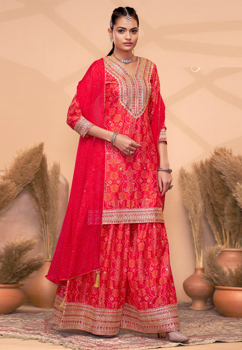 Red Chinon Pakistani Palazzo Suit 305882