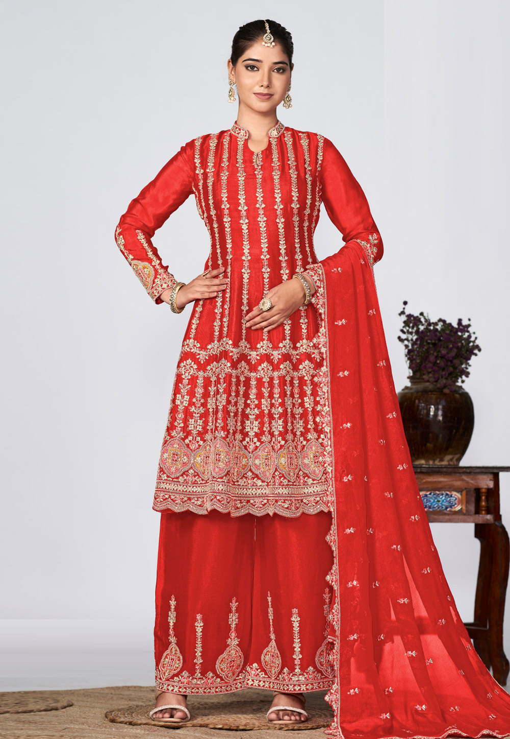 Red Chinon Palazzo Suit 286838