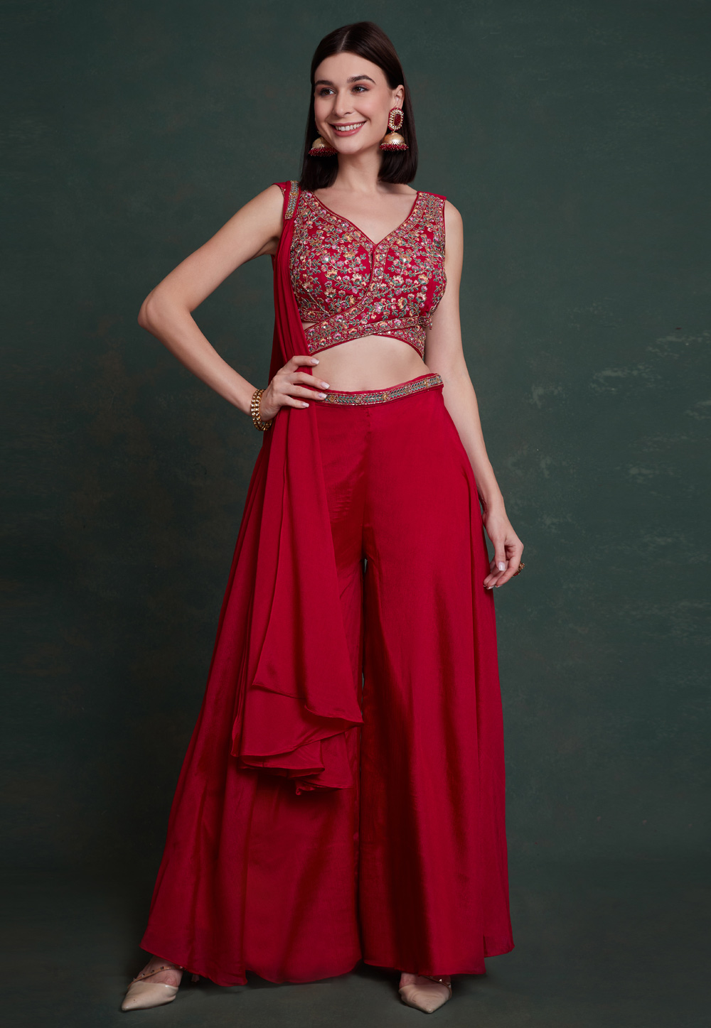 Red Chinon Palazzo With Crop Top 284751