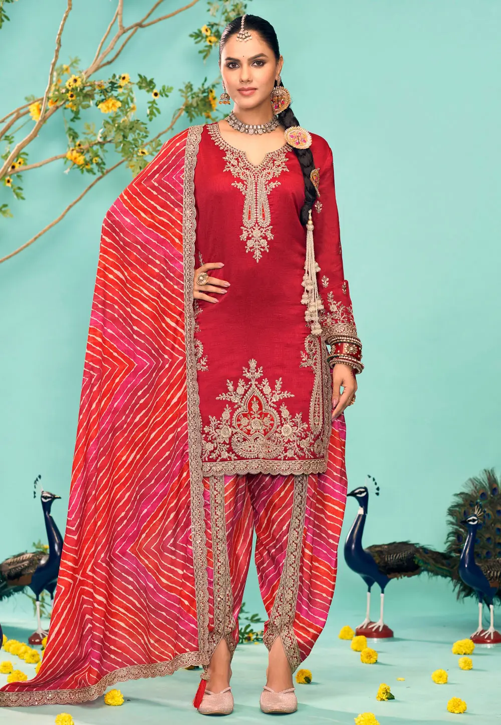 Red Chinon Patiala Suit 302317