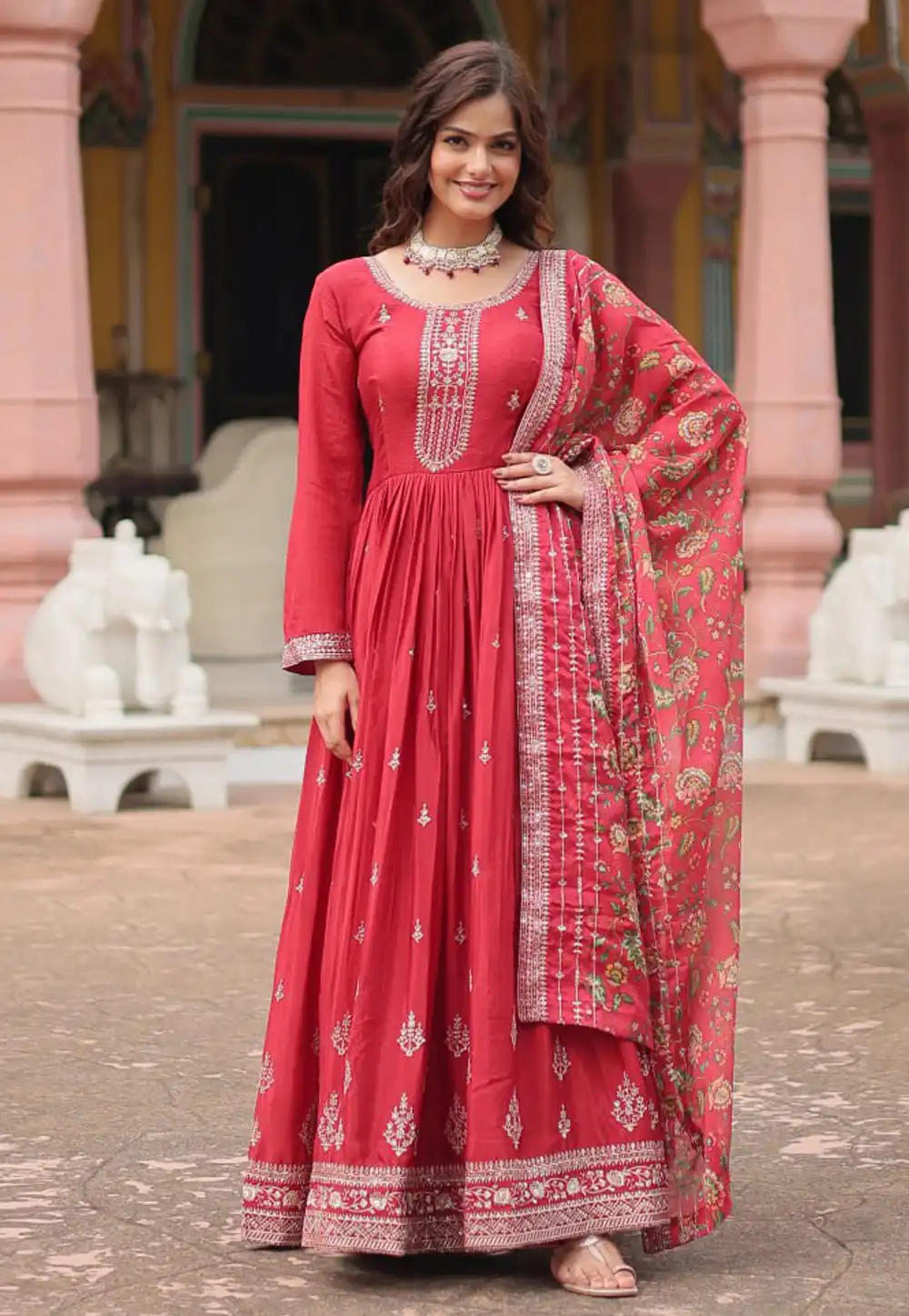 Red Chinon Readymade Long Anarkali Suit 293613