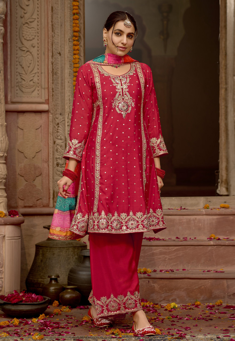 Red Chinon Readymade Palazzo Suit 309604
