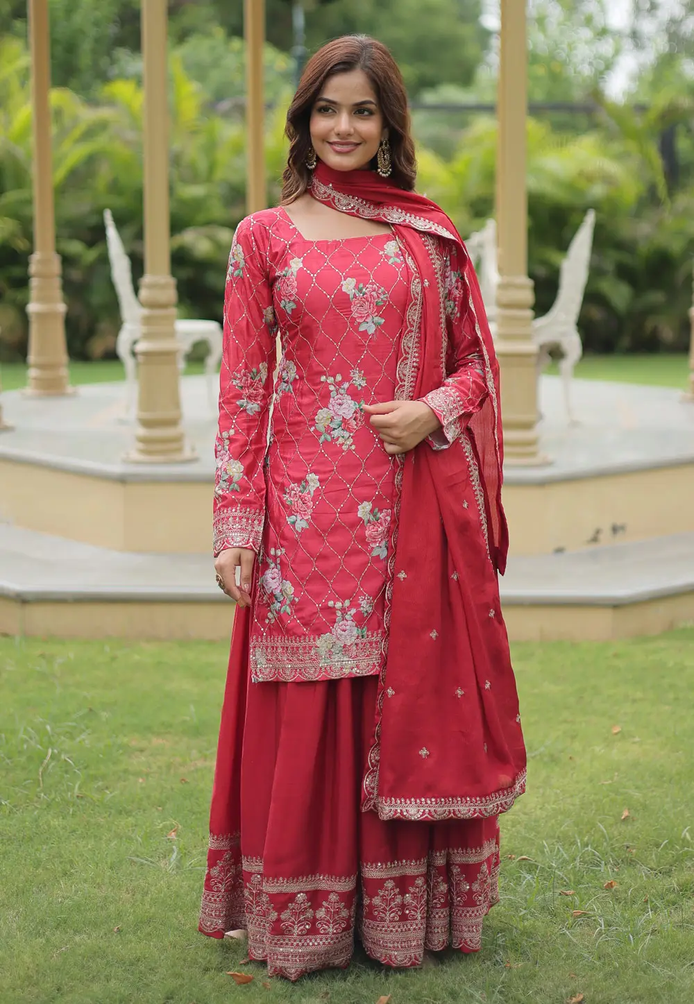 Red Chinon Readymade Sharara Suit 297021