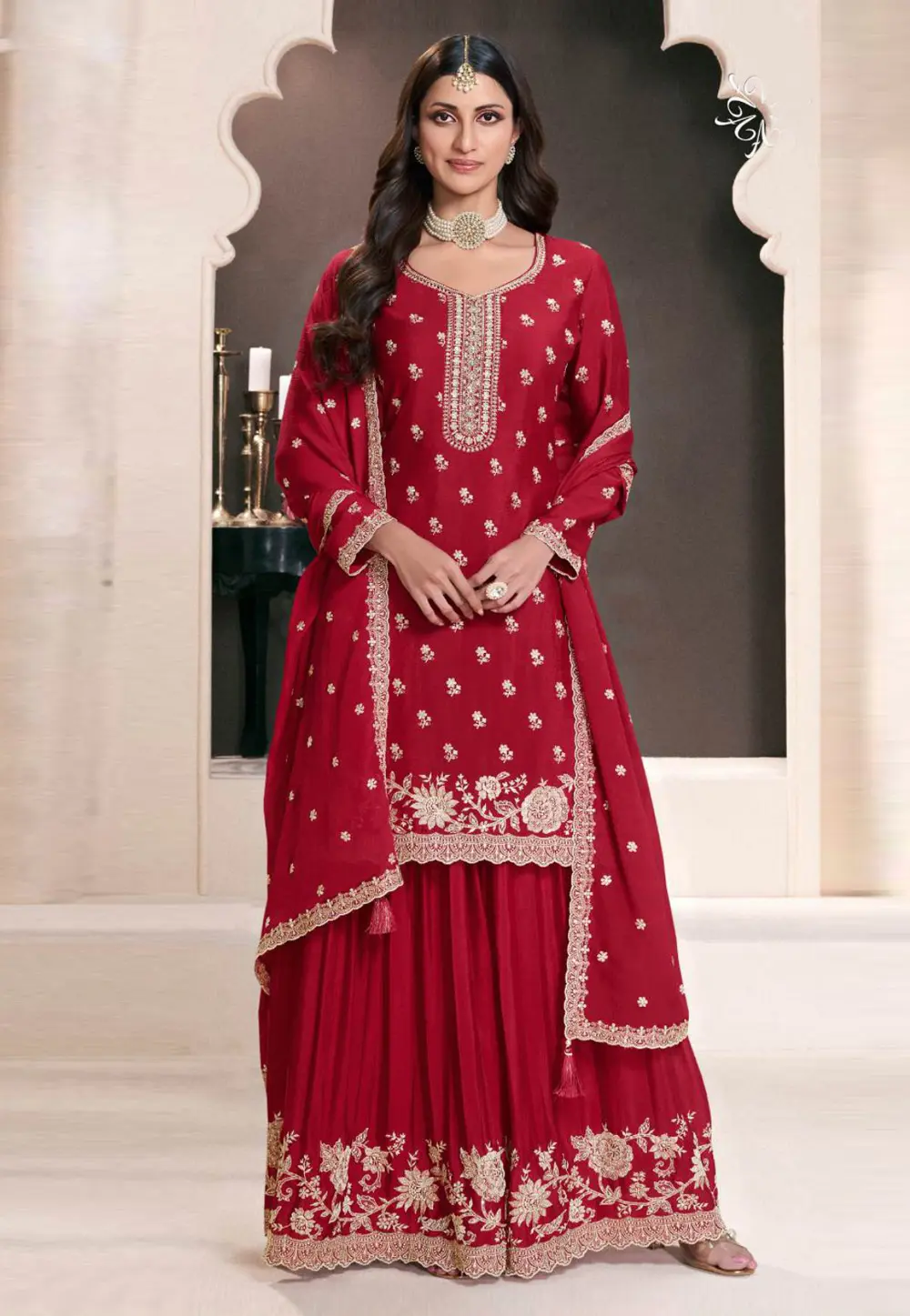 Red Chinon Sharara Suit 303680