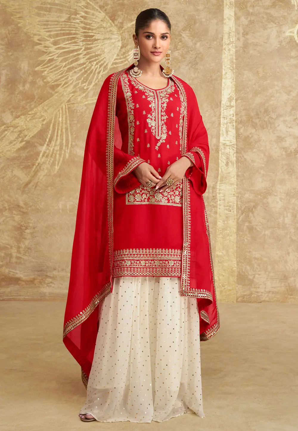 Red Chinon Silk Gharara Suit 297284