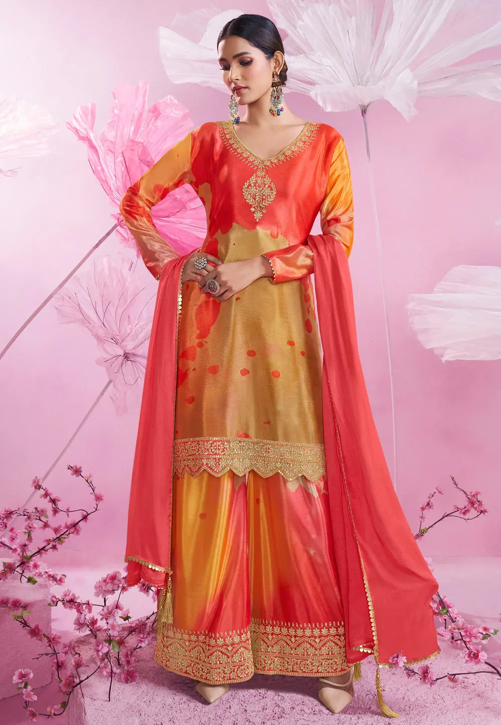 Red Chinon Silk Palazzo Suit 304227