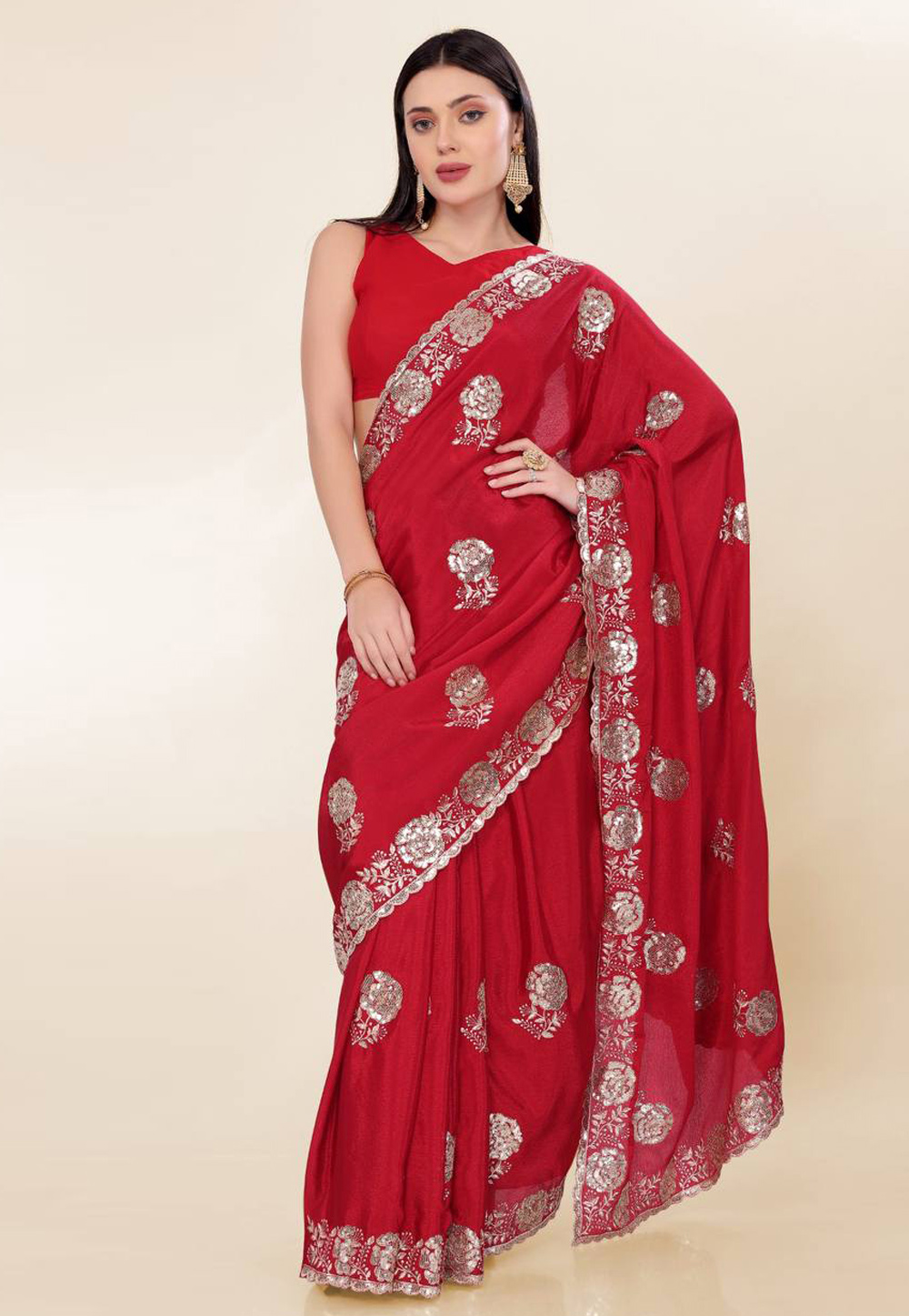 Red Chinon Silk Saree With Blouse 305673