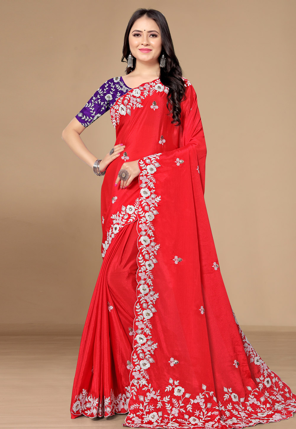 Red Chinon Silk Saree With Blouse 279329