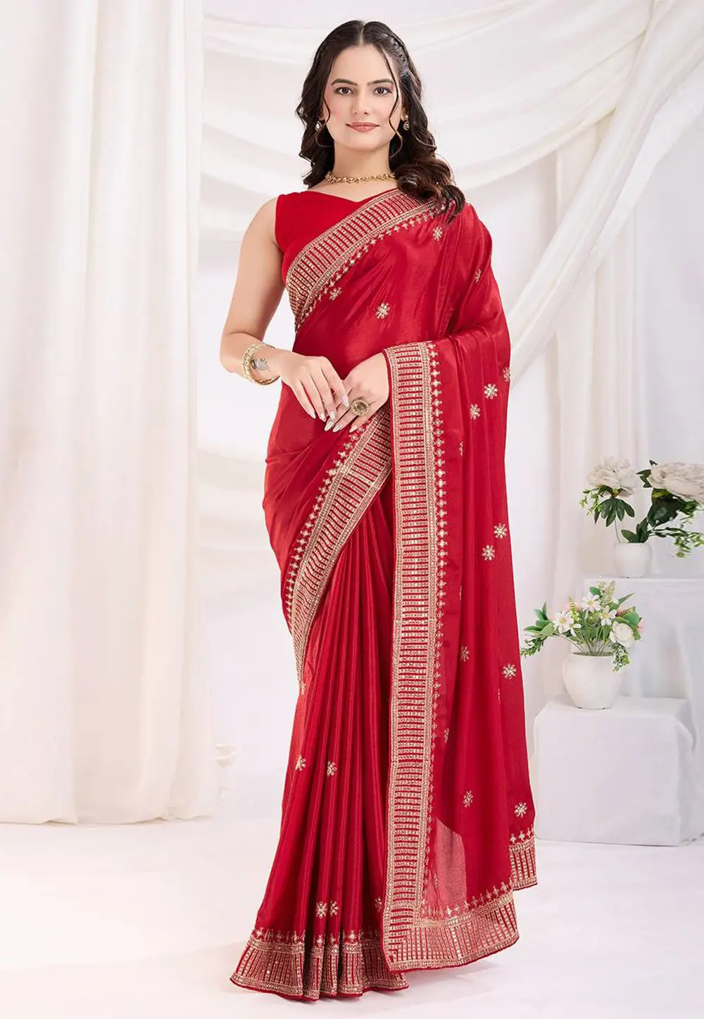 Red Chinon Silk Saree With Blouse 302844