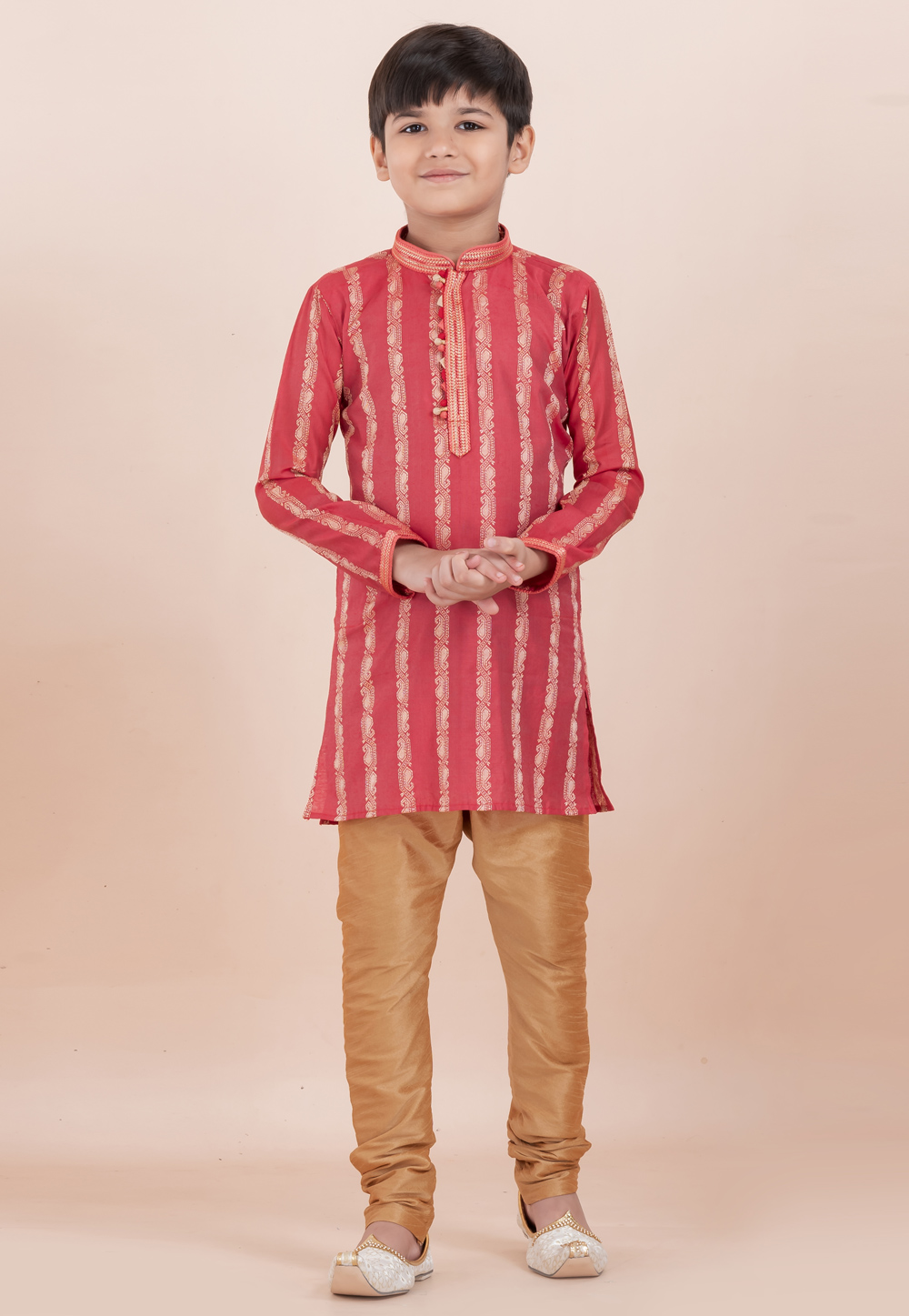 Red Cotton Jacquard Kids Kurta Pajama 305983