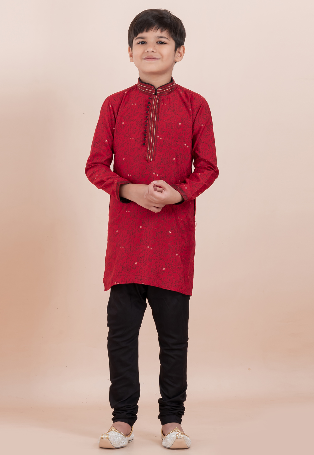 Red Cotton Jacquard Kids Kurta Pajama 305992