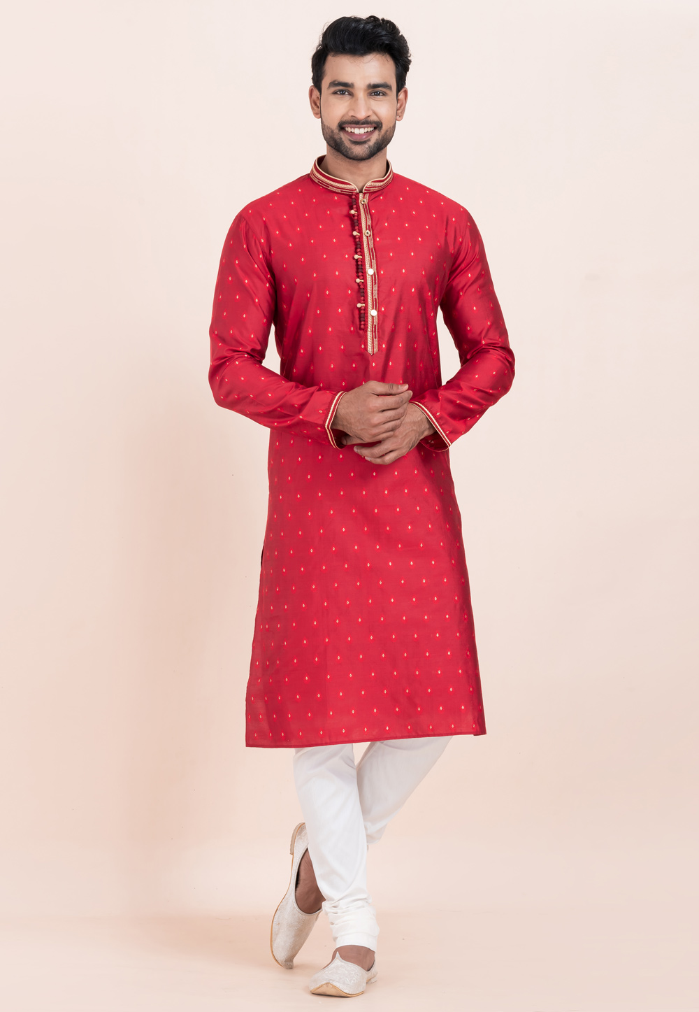 Red Cotton Jacquard Kurta Pajama 305170