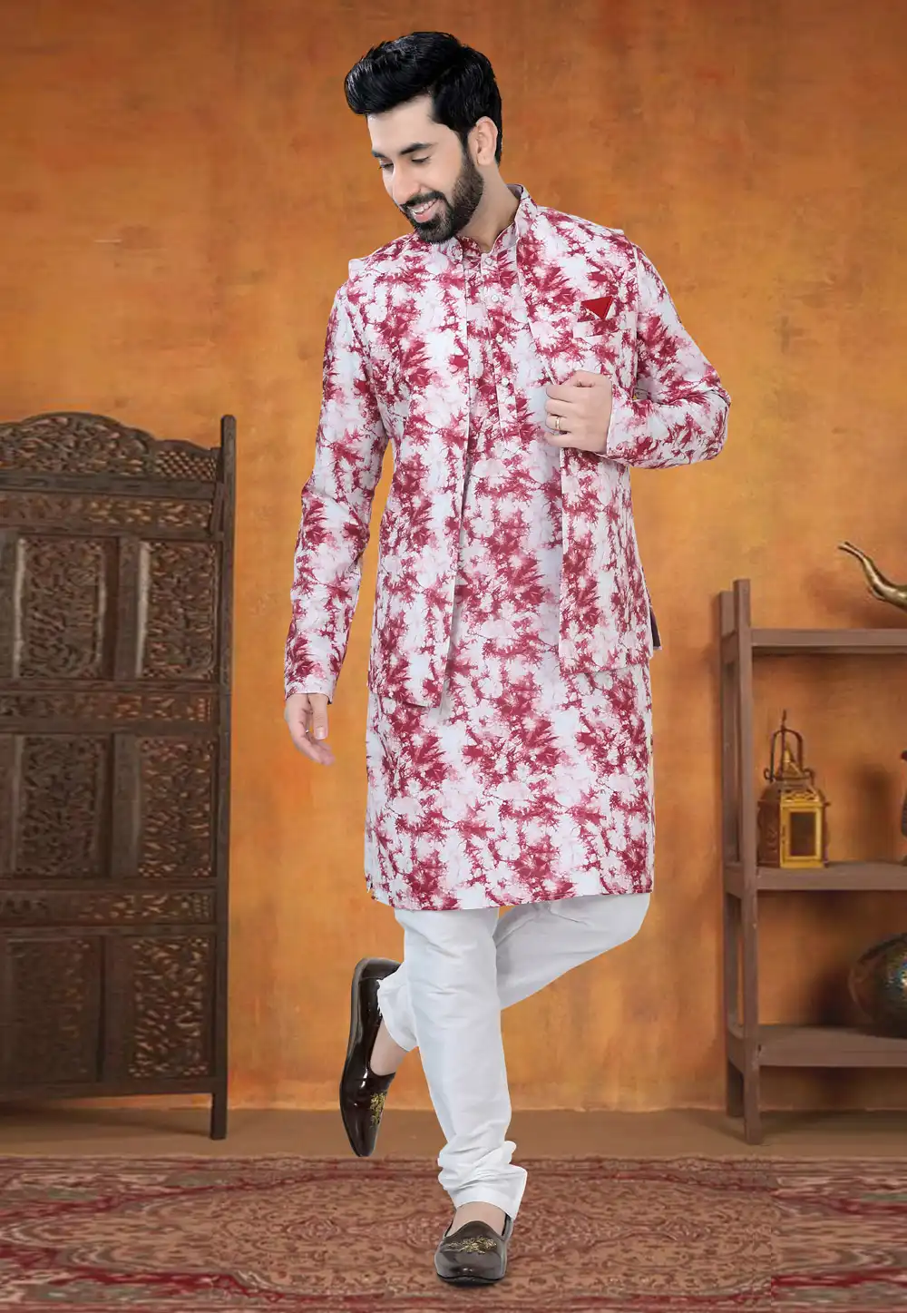 Red Cotton Kurta Pajama With Jacket 294998