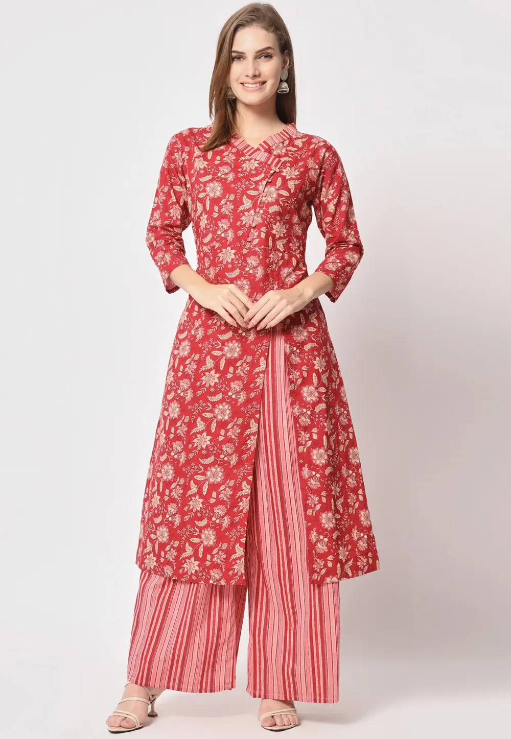 Red Cotton Kurta Set With Palazzo 300059