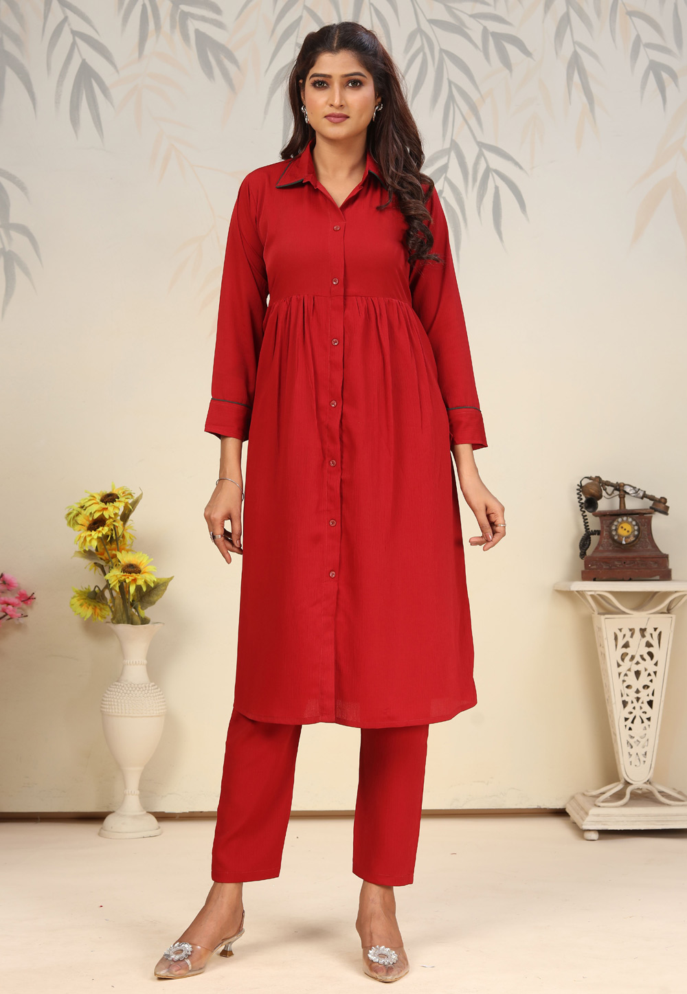 Red Cotton Kurta Set With Pant 310527