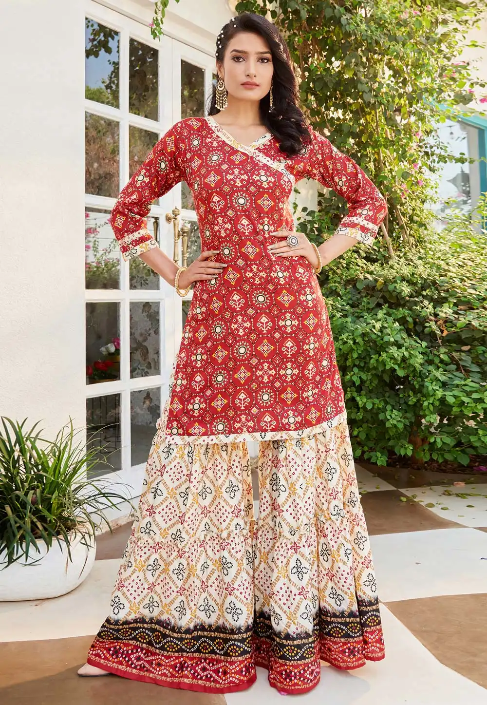 Red Cotton Kurta Set With Sharara 288962