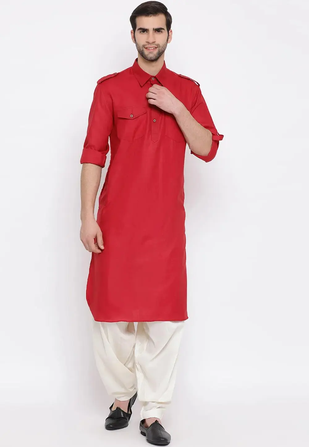 Red Cotton Pathani Suit 300793