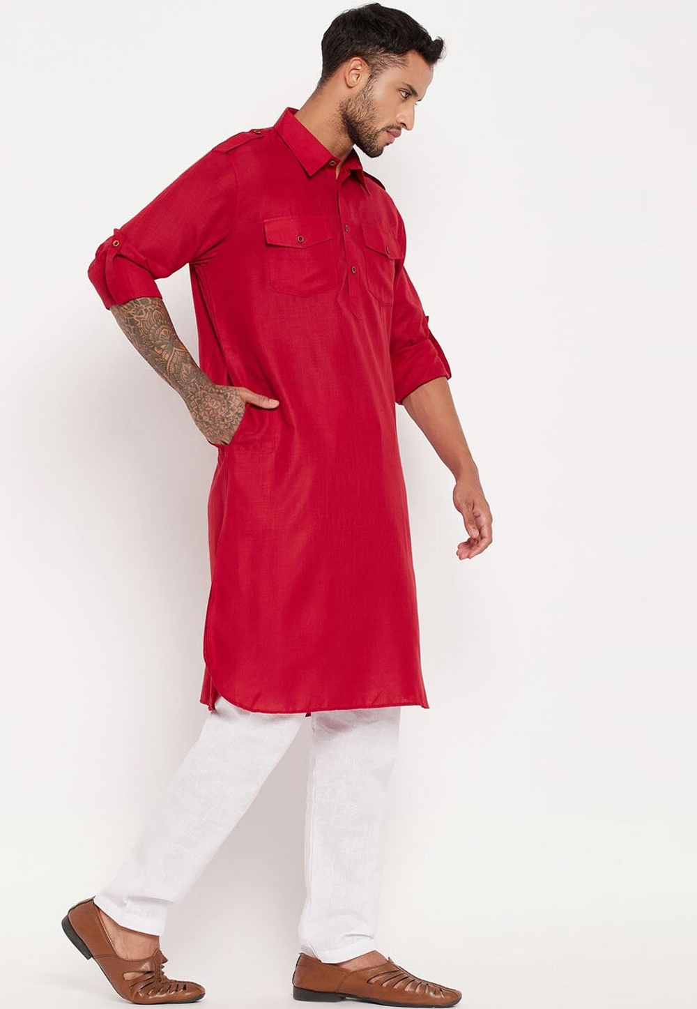 Red Cotton Pathani Suit 309749