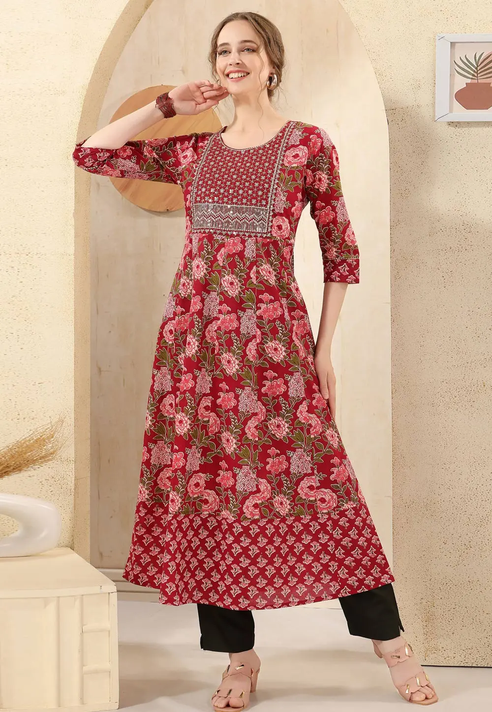 Red Cotton Printed Long Kurti 301782