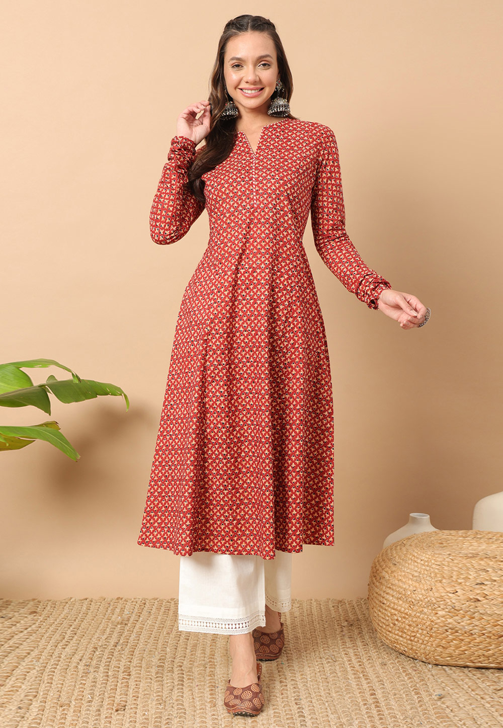 Red Cotton Printed Long Tunic 286039