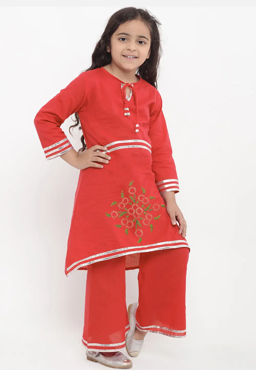 Red Cotton Rayon Kids Palazzo Suit 301831