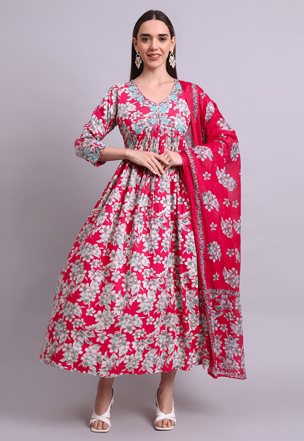 Red Cotton Readymade Anarkali Suit 309672