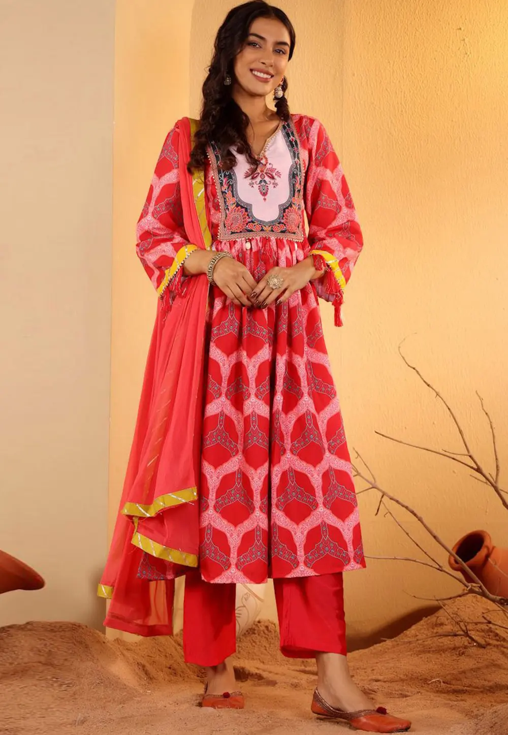 Red Cotton Readymade Anarkali Suit 302880