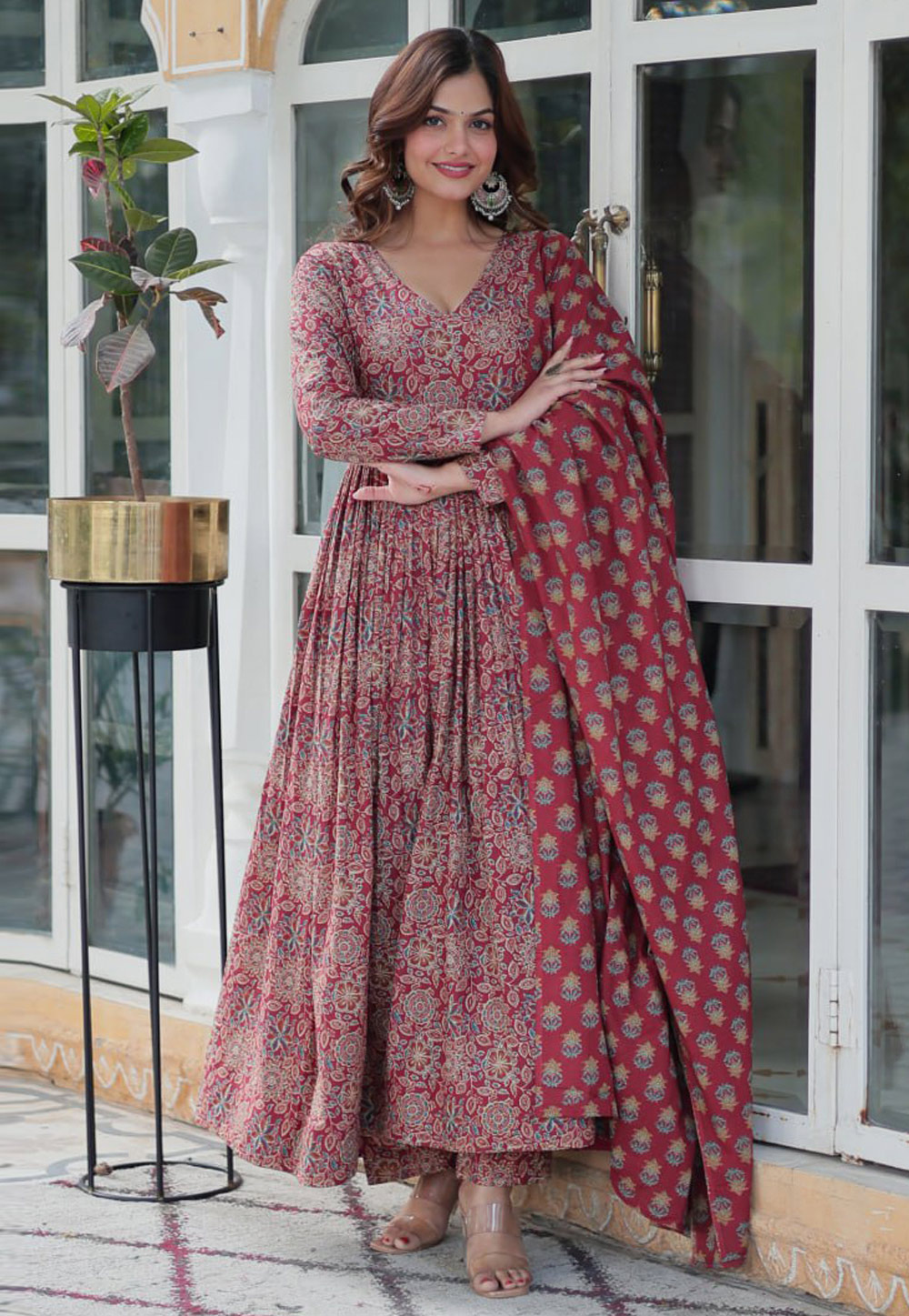 Red Cotton Readymade Anarkali Suit 309055