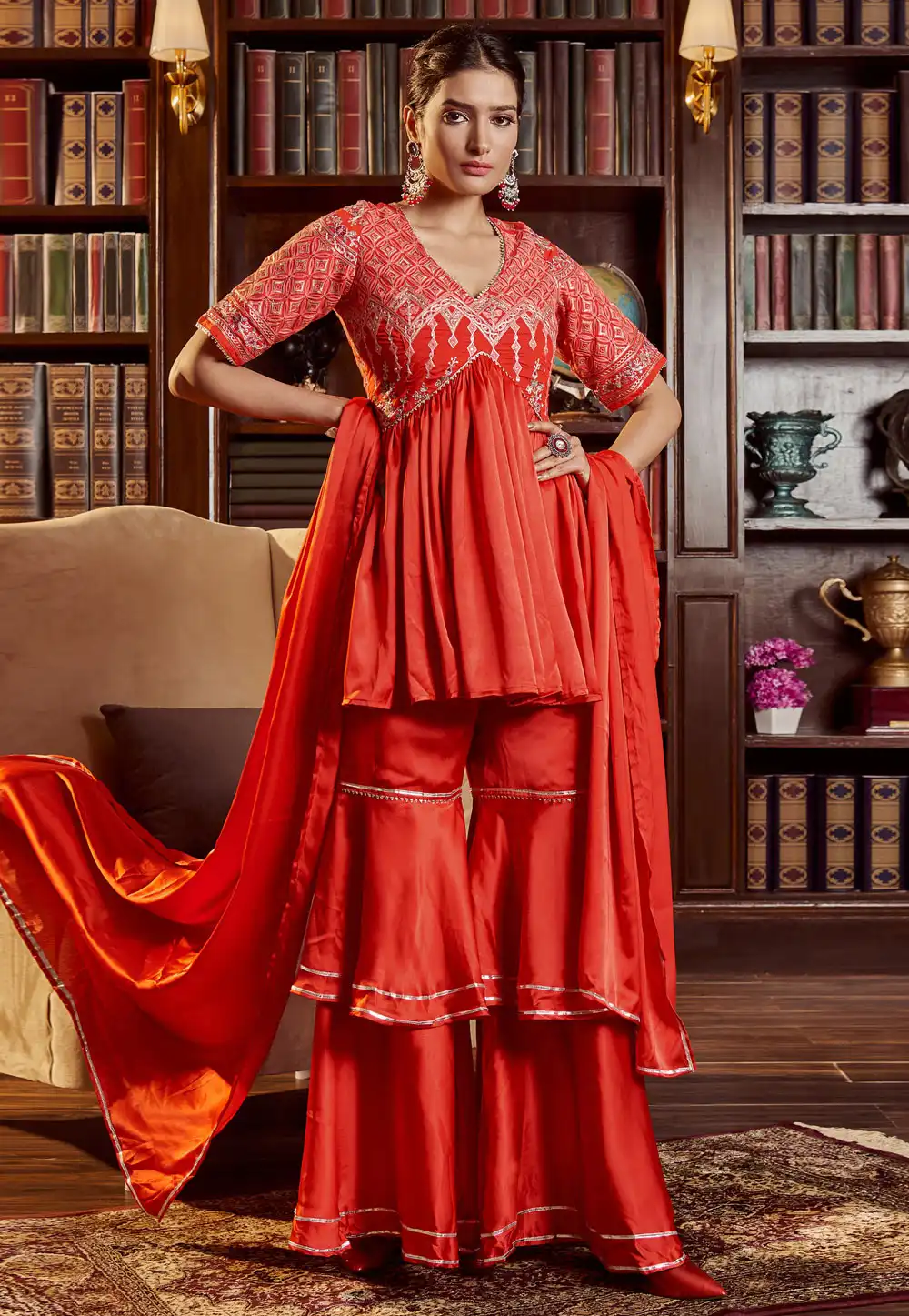 Red Cotton Readymade Gharara Suit 288966