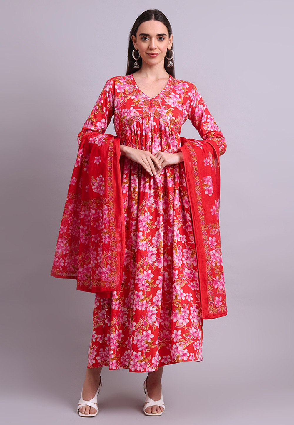 Red Cotton Readymade Long Anarkali Suit 309669