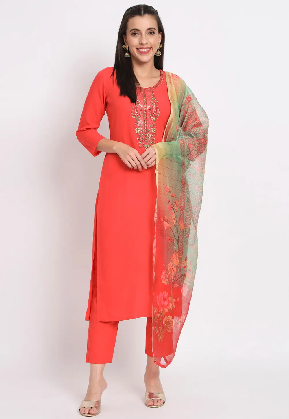 Red Cotton Readymade Pakistani Suit 300371