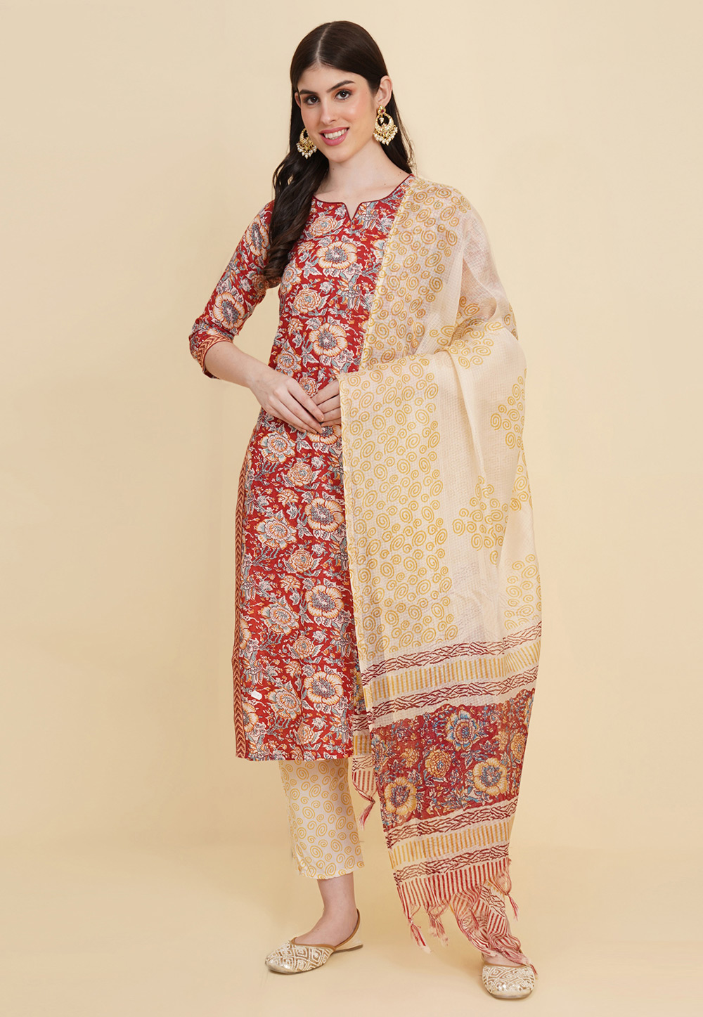 Red Cotton Readymade Pakistani Suit 285131