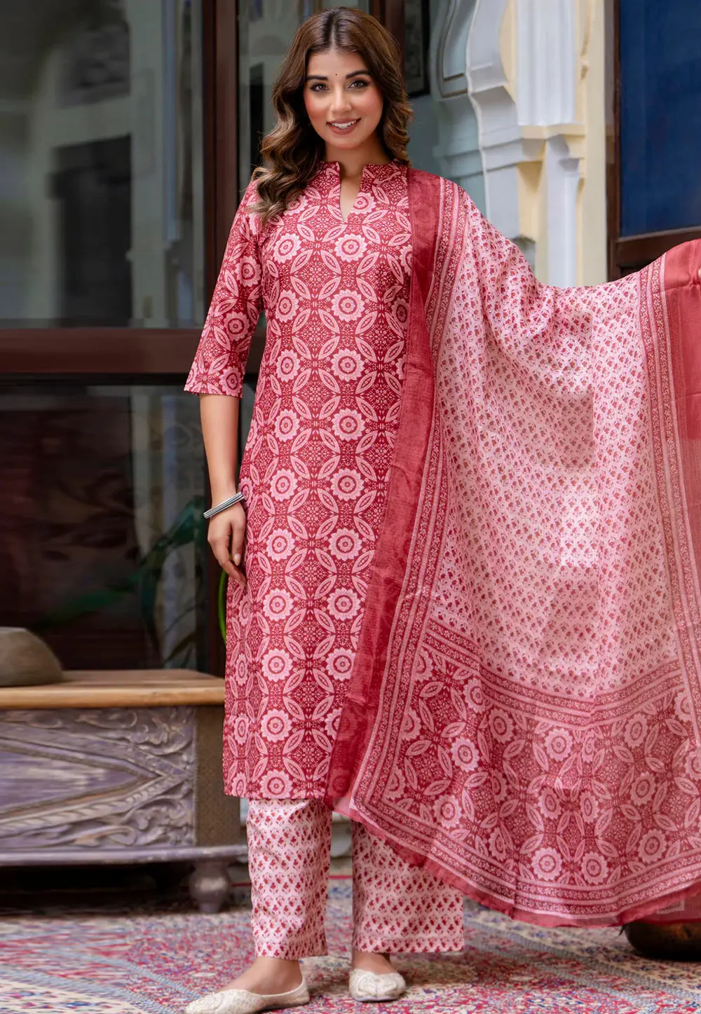 Red Cotton Readymade Palazzo Suit 297545