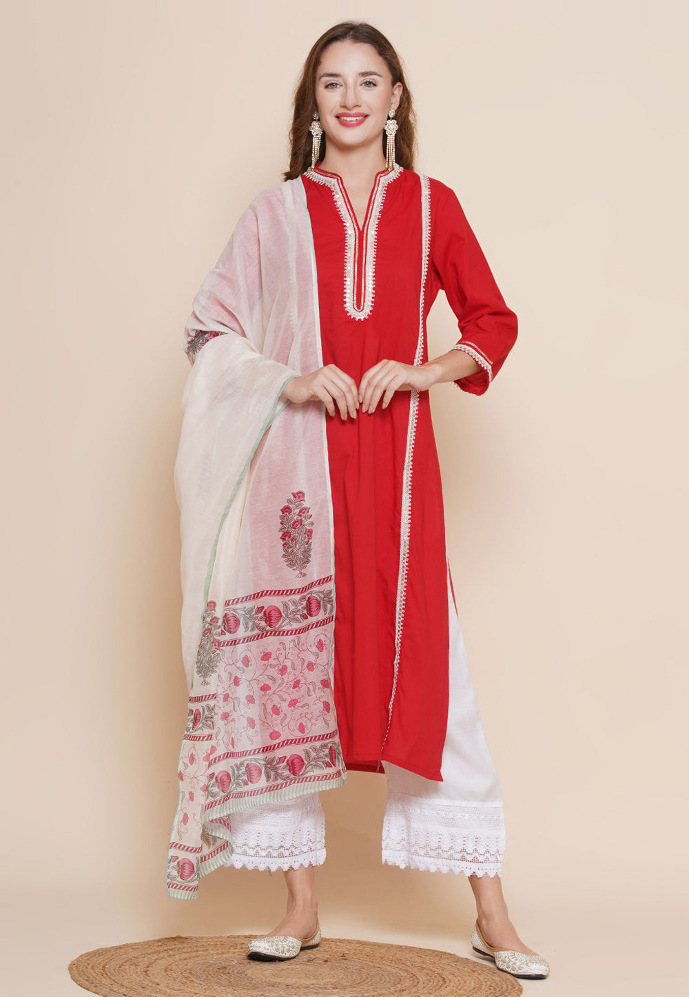 Red Cotton Readymade Palazzo Suit 281477